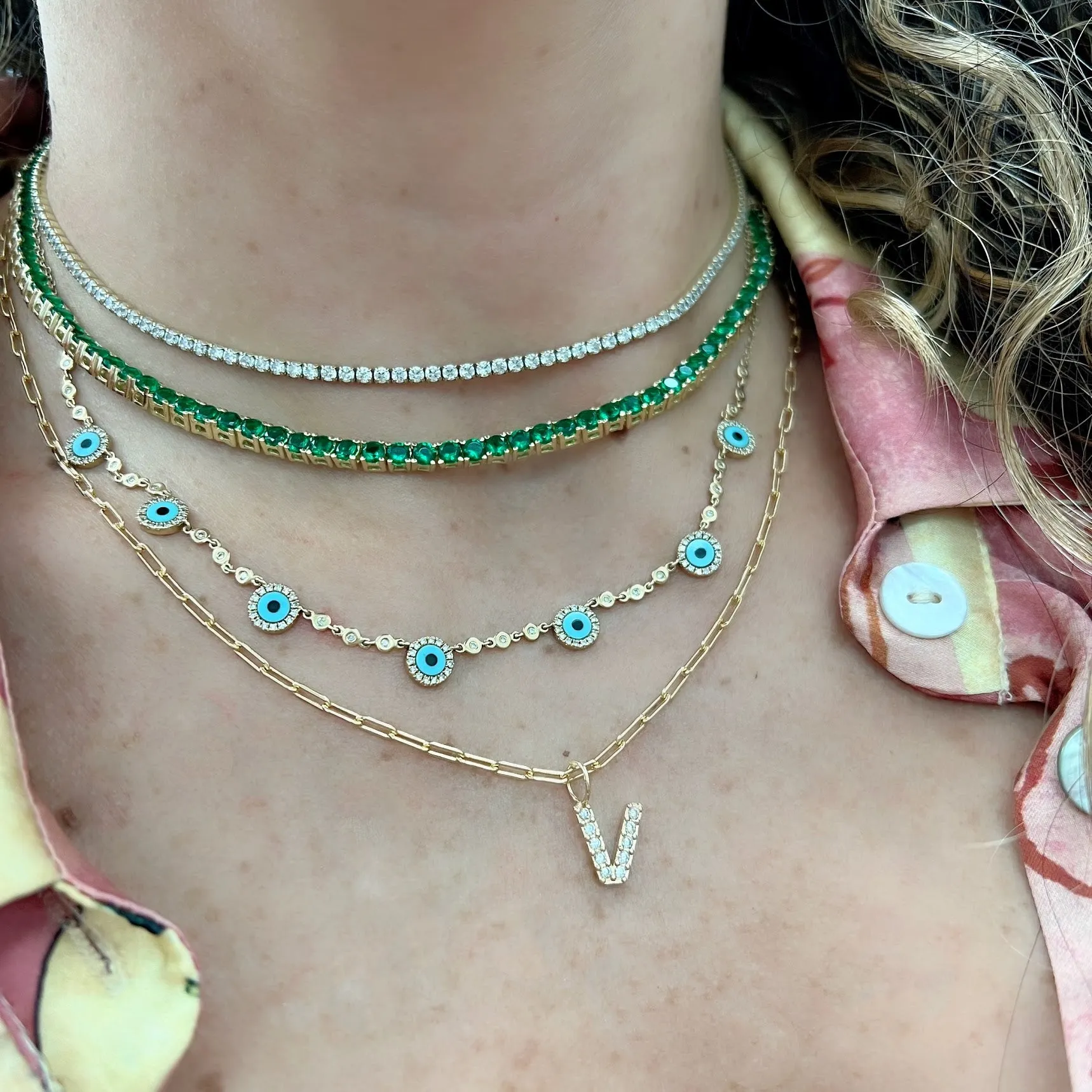 7 Station Evil Eye Gemstone Diamond Halo Necklace
