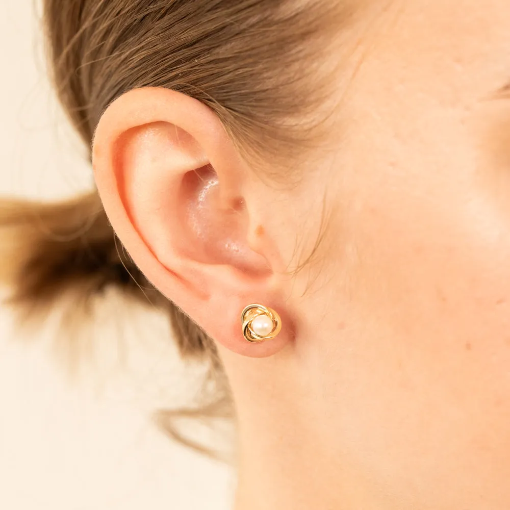 9ct Yellow Gold 4mm Fresh Water Pearl Knot Stud Earrings