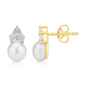 9ct Yellow Gold Pearl And Diamond Stud Earrings
