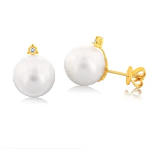 9ct Yellow Gold White South Sea Pearl and Diamond Stud Earrings