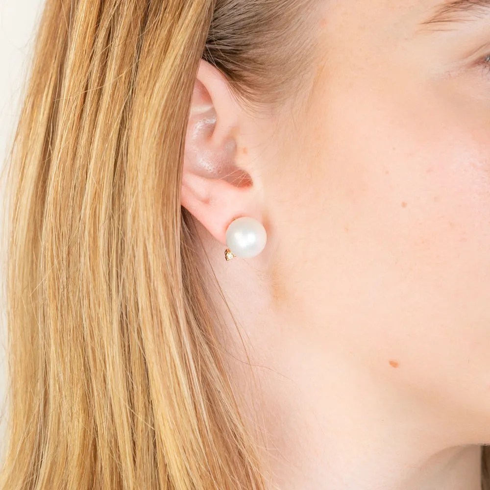 9ct Yellow Gold White South Sea Pearl and Diamond Stud Earrings