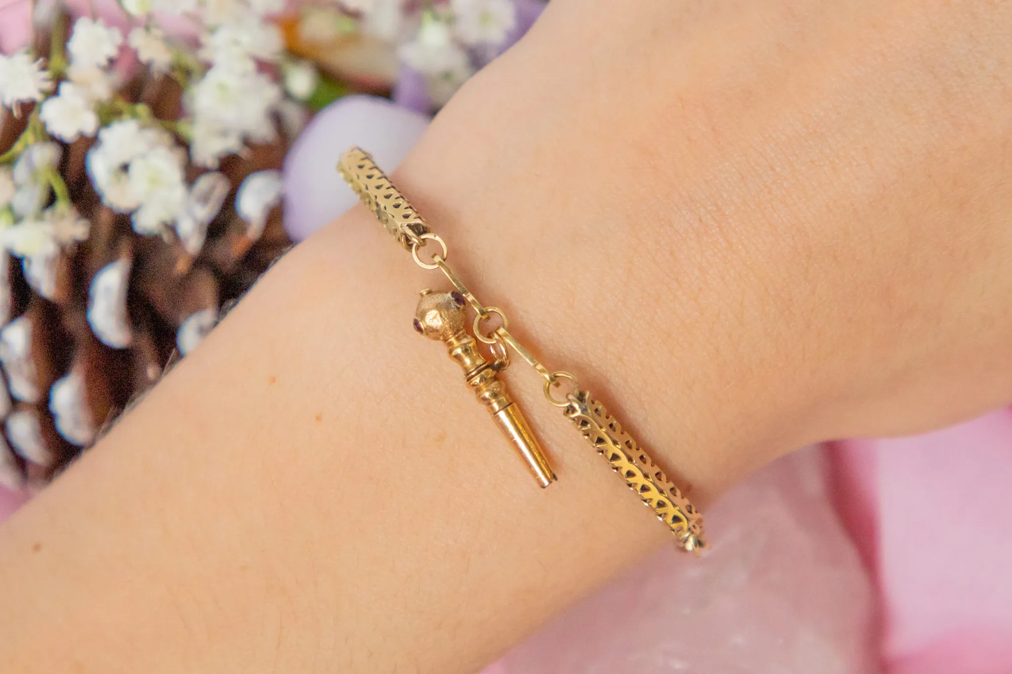 Antique Pierced 9ct Gold Bracelet, Ruby Watch Key Charm
