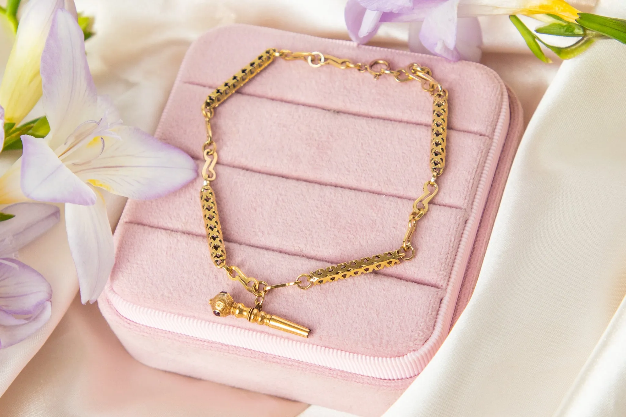Antique Pierced 9ct Gold Bracelet, Ruby Watch Key Charm
