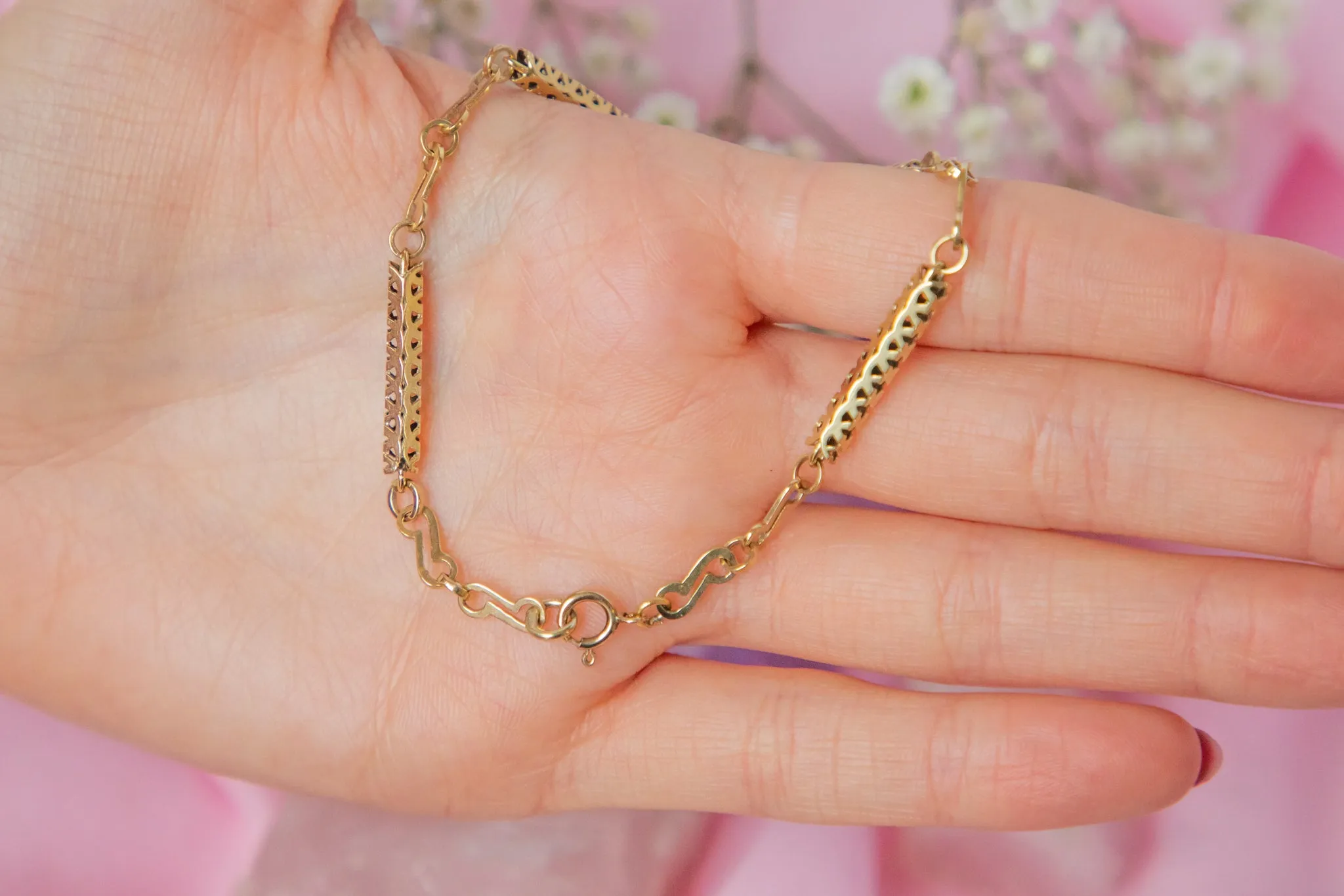 Antique Pierced 9ct Gold Bracelet, Ruby Watch Key Charm