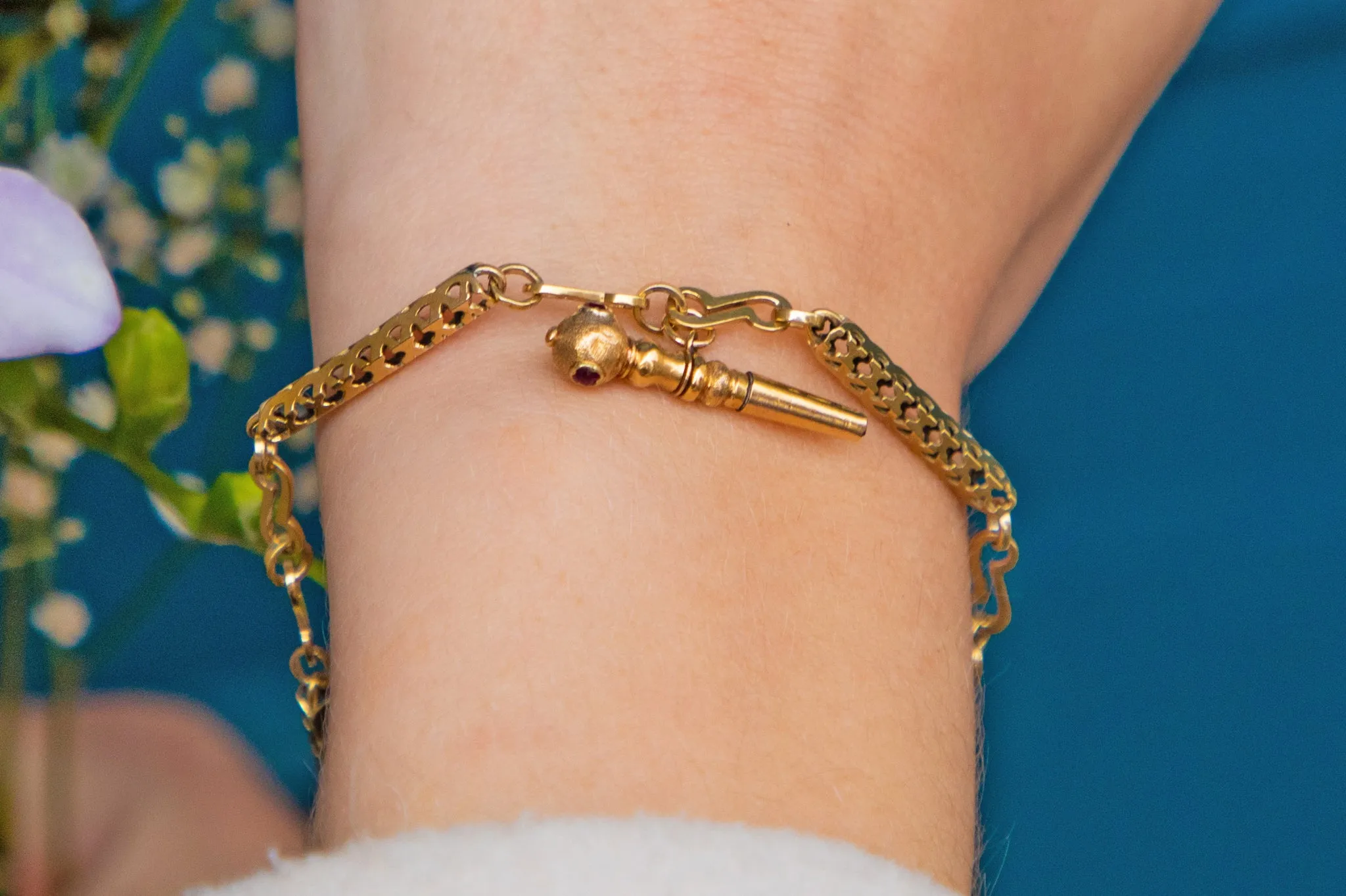 Antique Pierced 9ct Gold Bracelet, Ruby Watch Key Charm