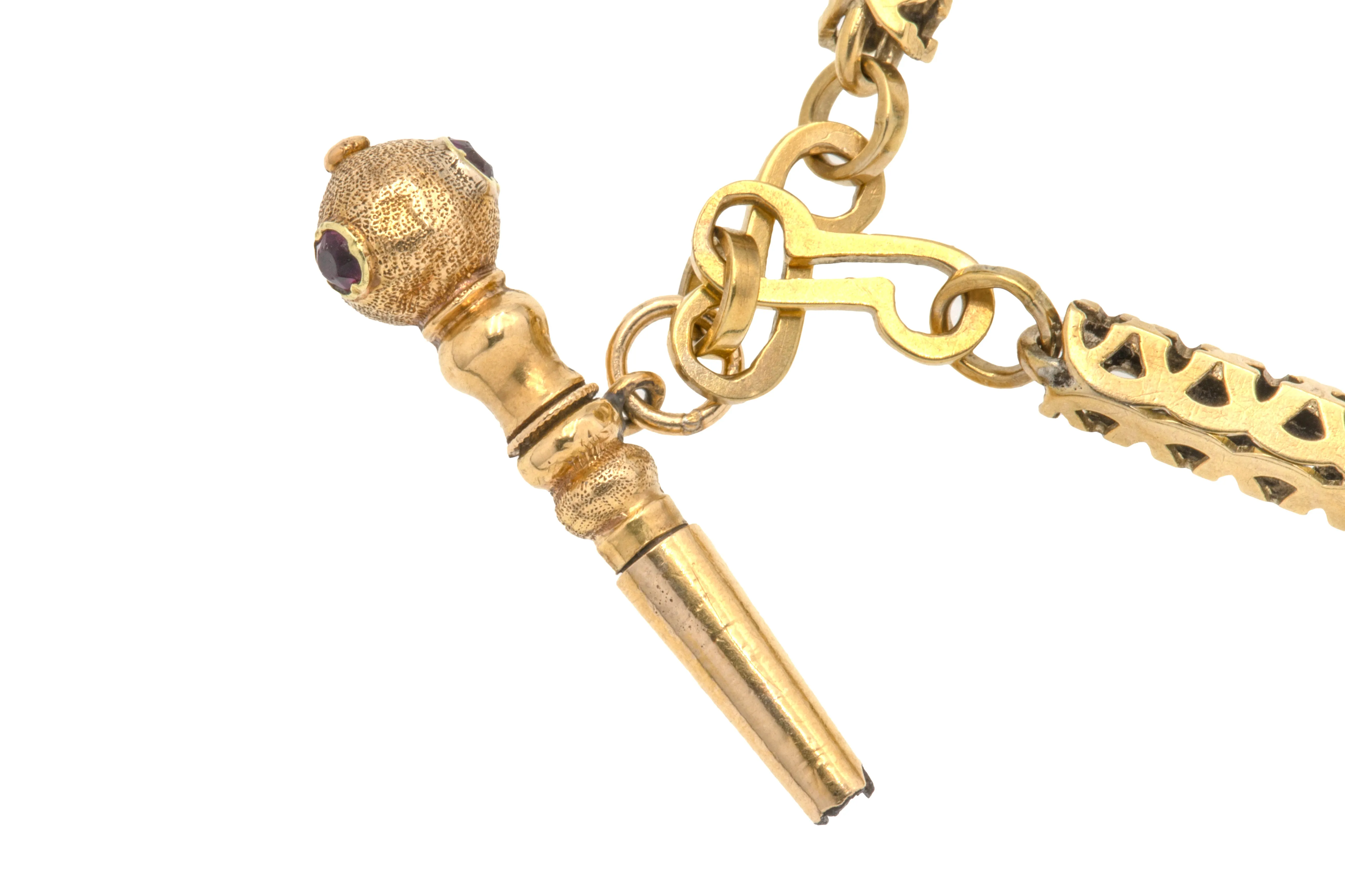 Antique Pierced 9ct Gold Bracelet, Ruby Watch Key Charm
