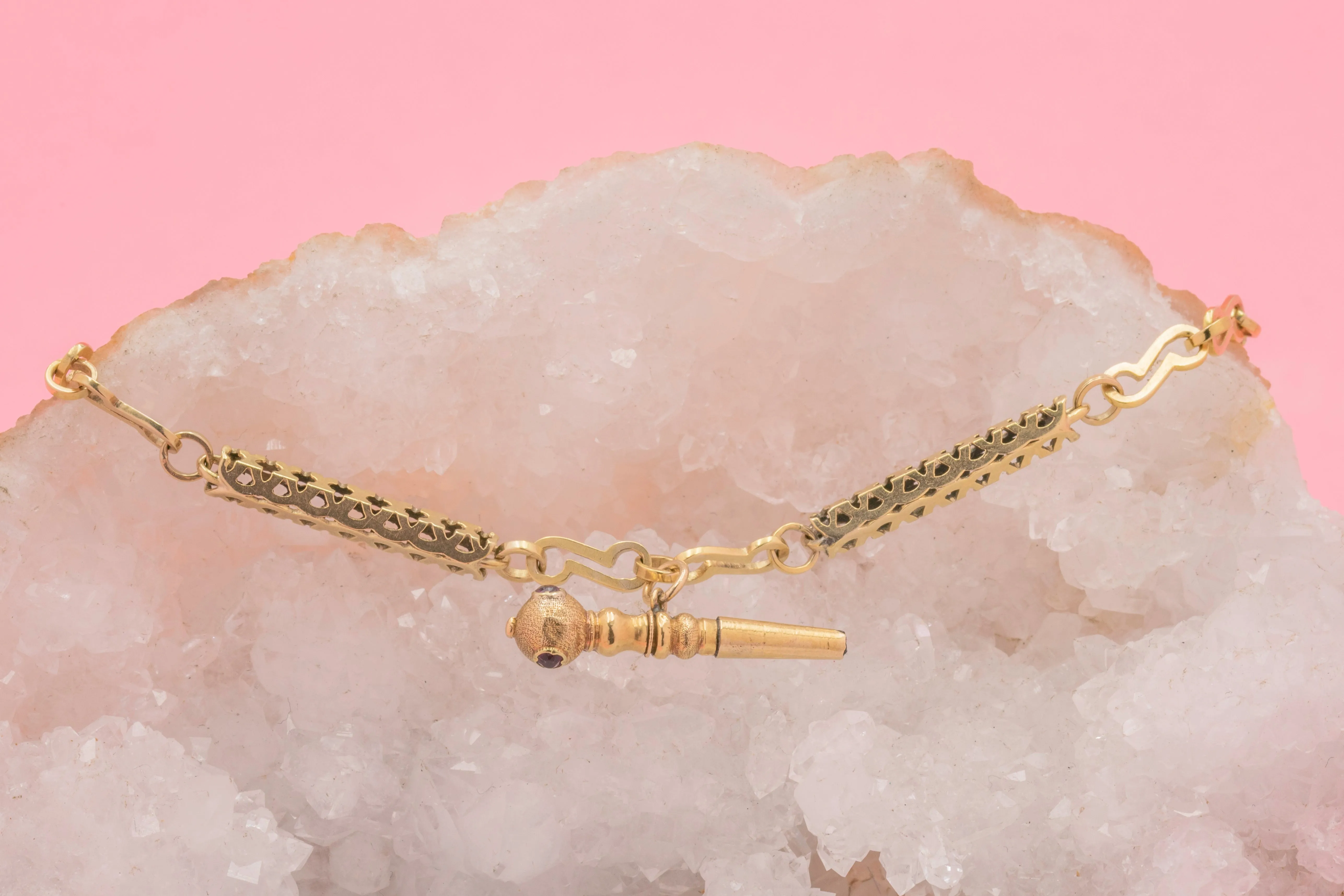 Antique Pierced 9ct Gold Bracelet, Ruby Watch Key Charm