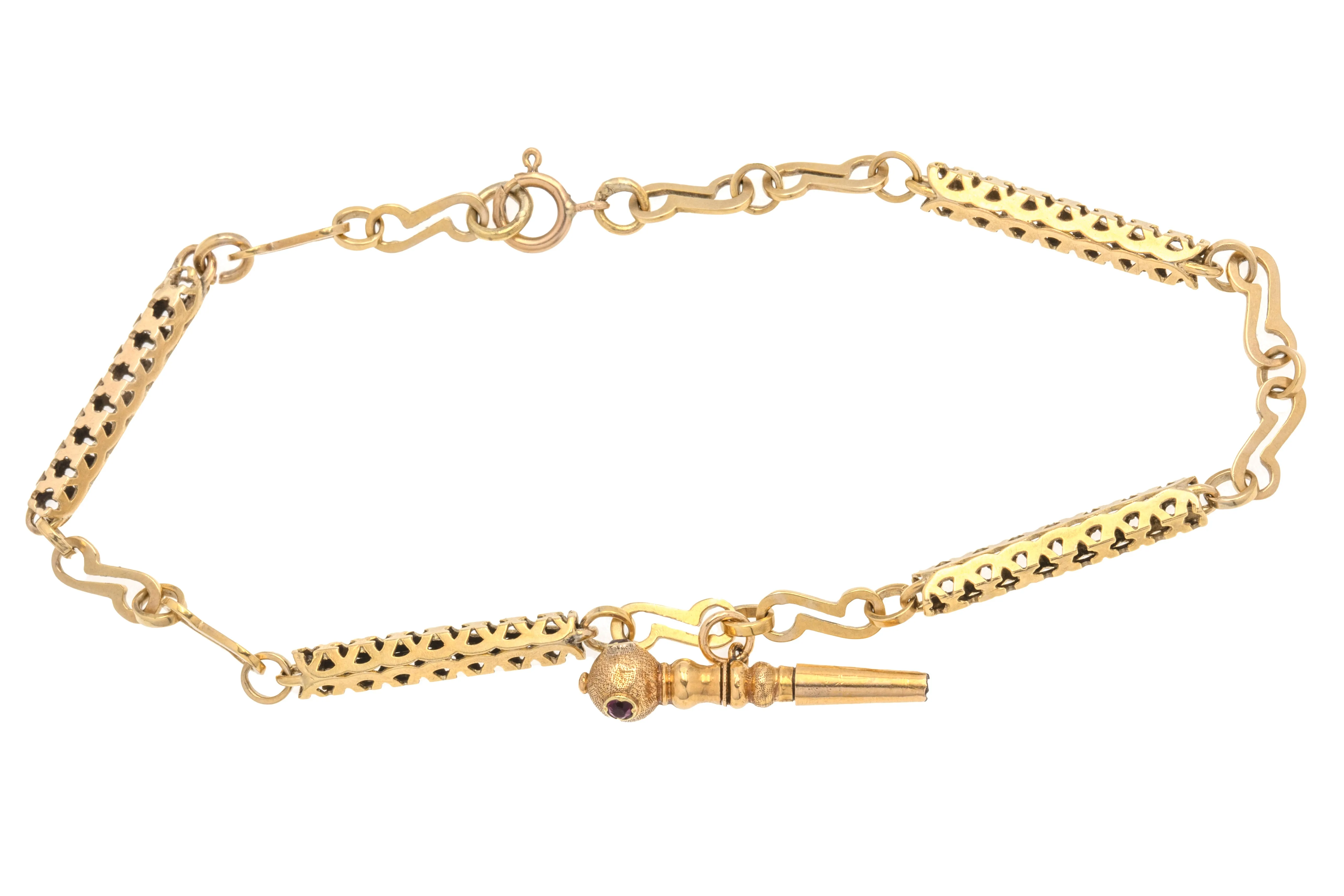 Antique Pierced 9ct Gold Bracelet, Ruby Watch Key Charm