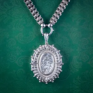 Antique Victorian Forget Me Not Locket Collar Necklace Sterling Silver Dated 1882