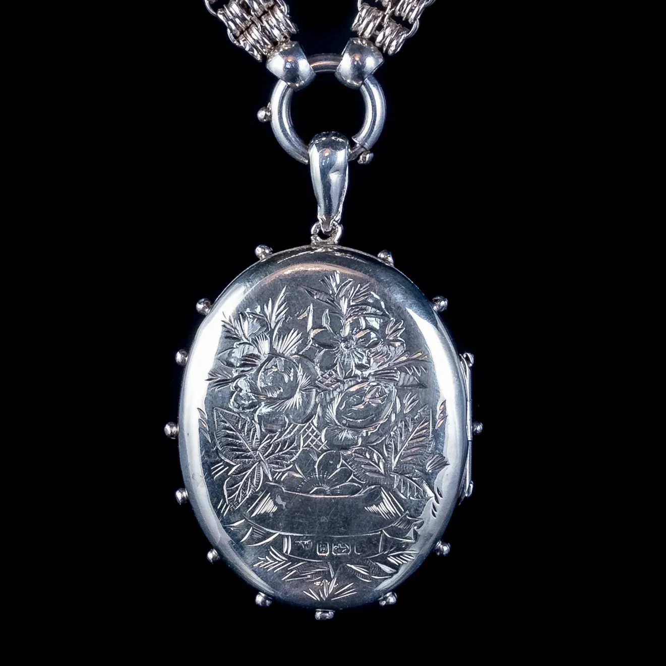 Antique Victorian Forget Me Not Locket Collar Necklace Sterling Silver Dated 1882