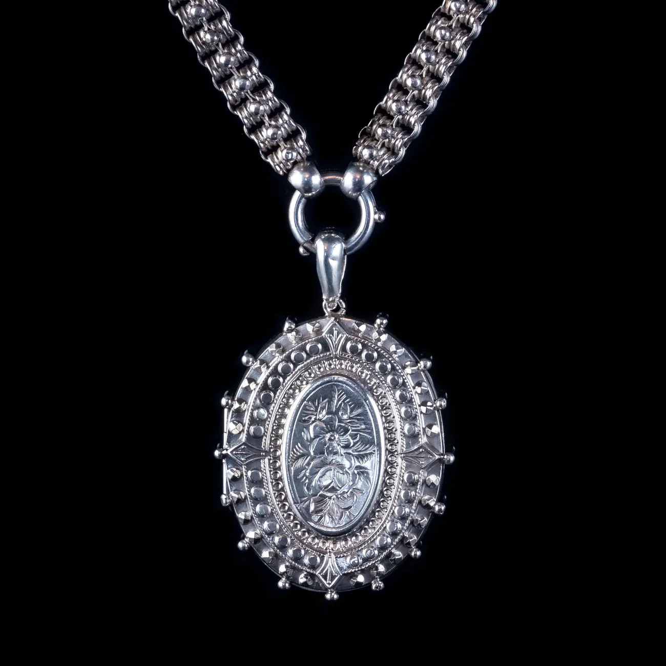 Antique Victorian Forget Me Not Locket Collar Necklace Sterling Silver Dated 1882