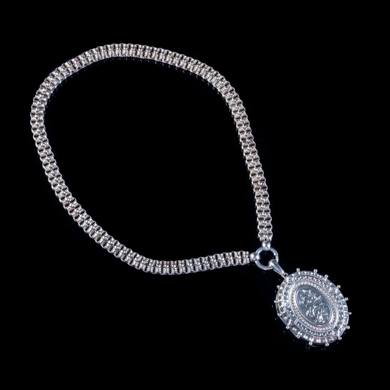 Antique Victorian Forget Me Not Locket Collar Necklace Sterling Silver Dated 1882