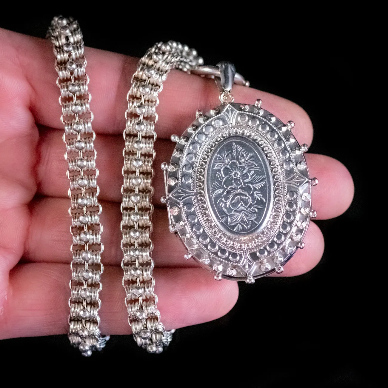 Antique Victorian Forget Me Not Locket Collar Necklace Sterling Silver Dated 1882
