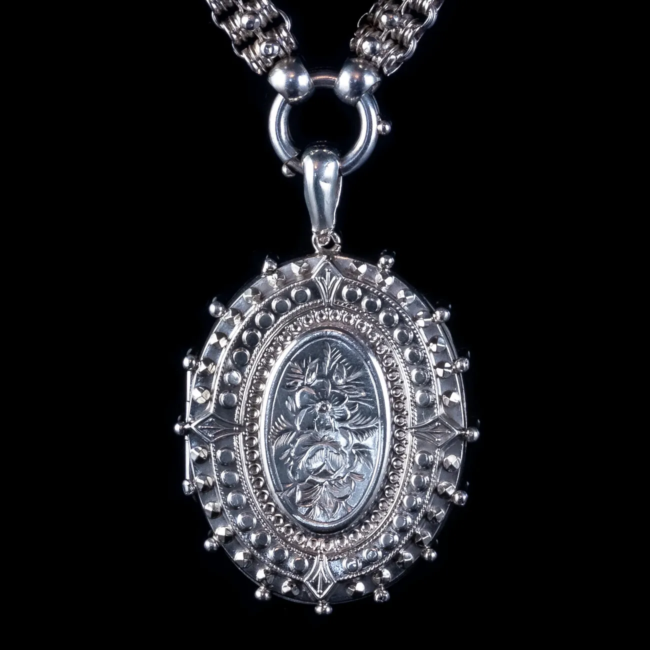 Antique Victorian Forget Me Not Locket Collar Necklace Sterling Silver Dated 1882