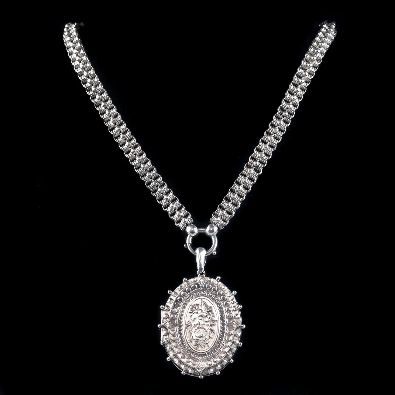 Antique Victorian Forget Me Not Locket Collar Necklace Sterling Silver Dated 1882