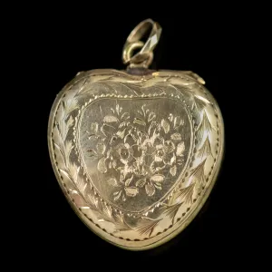 Antique Victorian Heart Locket 9Ct Gold Forget Me Not Circa 1900