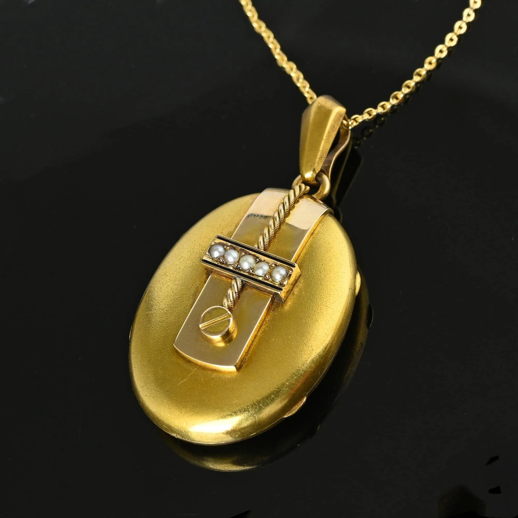 Antique Victorian Solid 14K Gold Locket Necklace w Pearls
