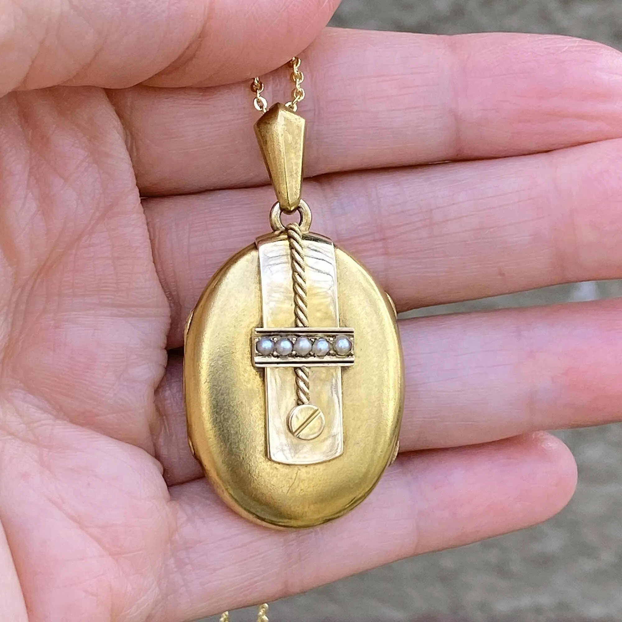 Antique Victorian Solid 14K Gold Locket Necklace w Pearls