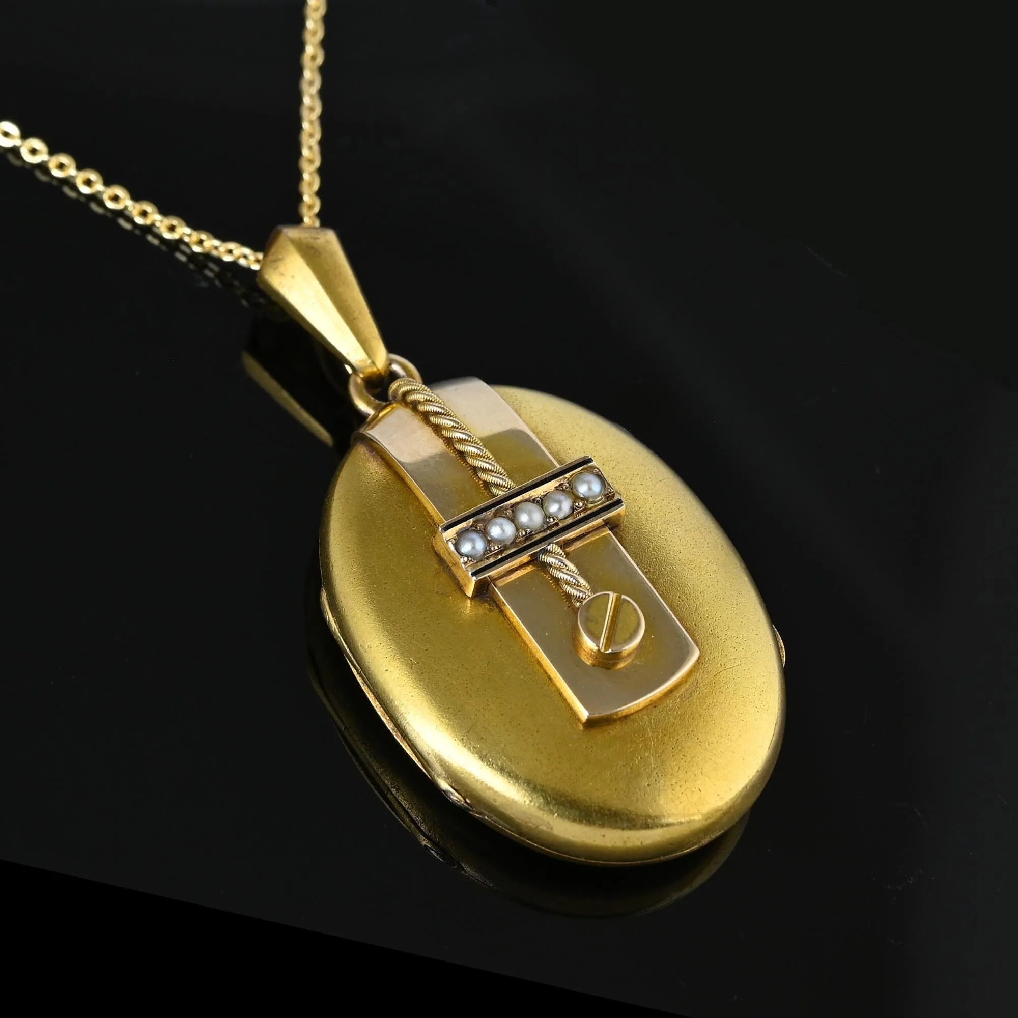 Antique Victorian Solid 14K Gold Locket Necklace w Pearls
