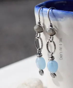Aquamarine Stone Earrings.Handcrafted Silver Gemstone Earrings. Boho-Style Jewelry. Fine Silver Earrings.