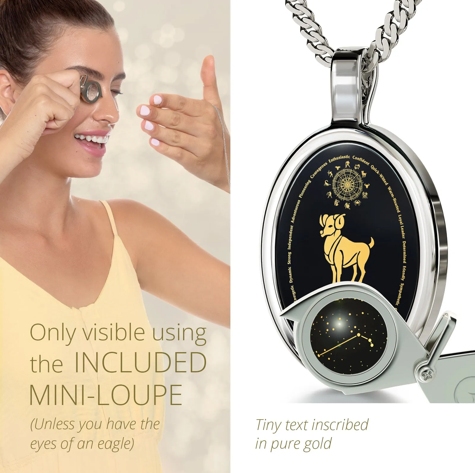 Aries Necklace Zodiac Pendant 24k Gold Inscribed on Onyx Stone