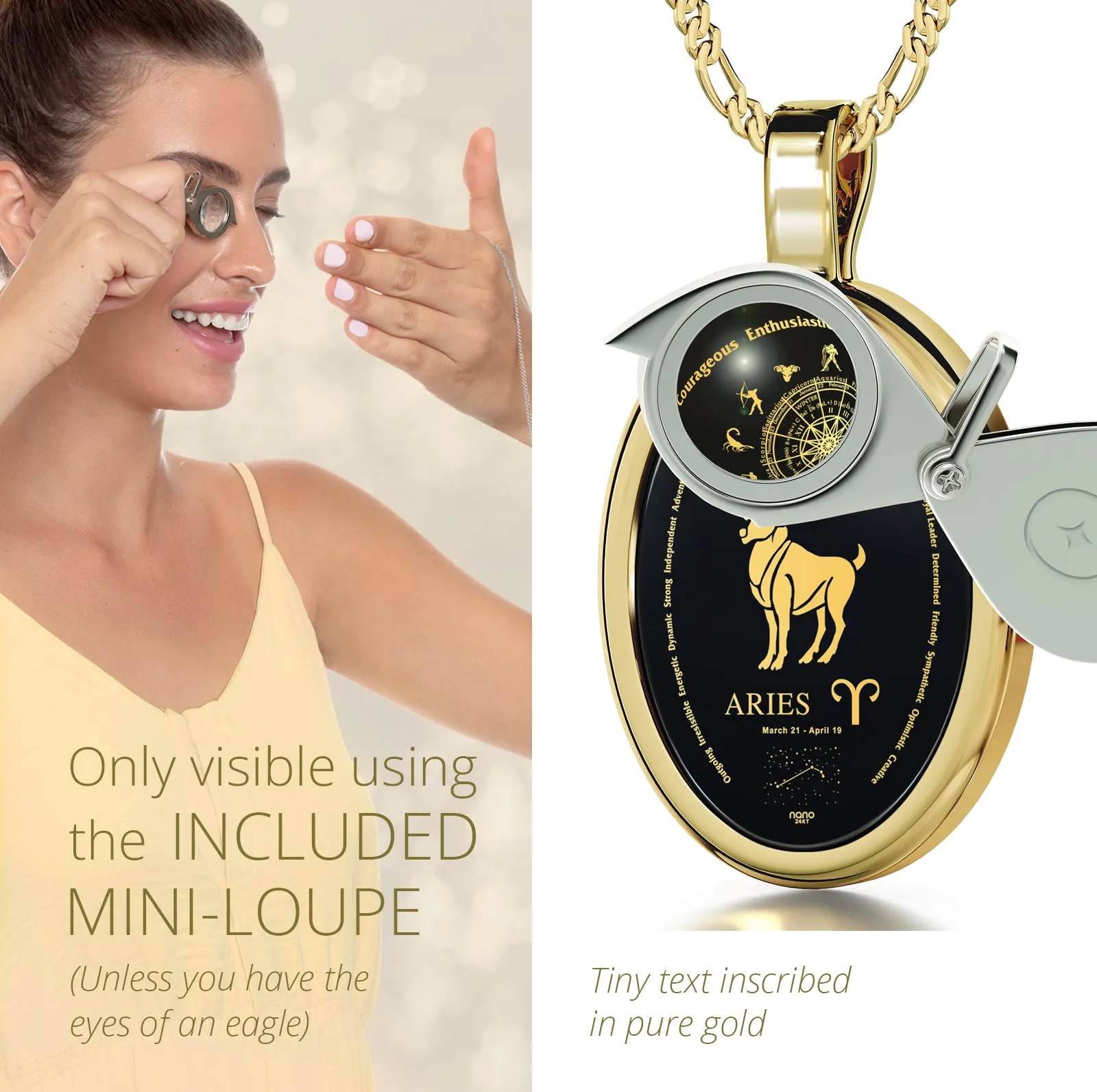 Aries Necklace Zodiac Pendant 24k Gold Inscribed on Onyx Stone