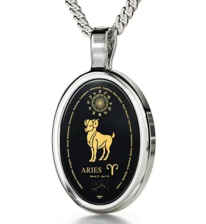 Aries Necklace Zodiac Pendant 24k Gold Inscribed on Onyx Stone