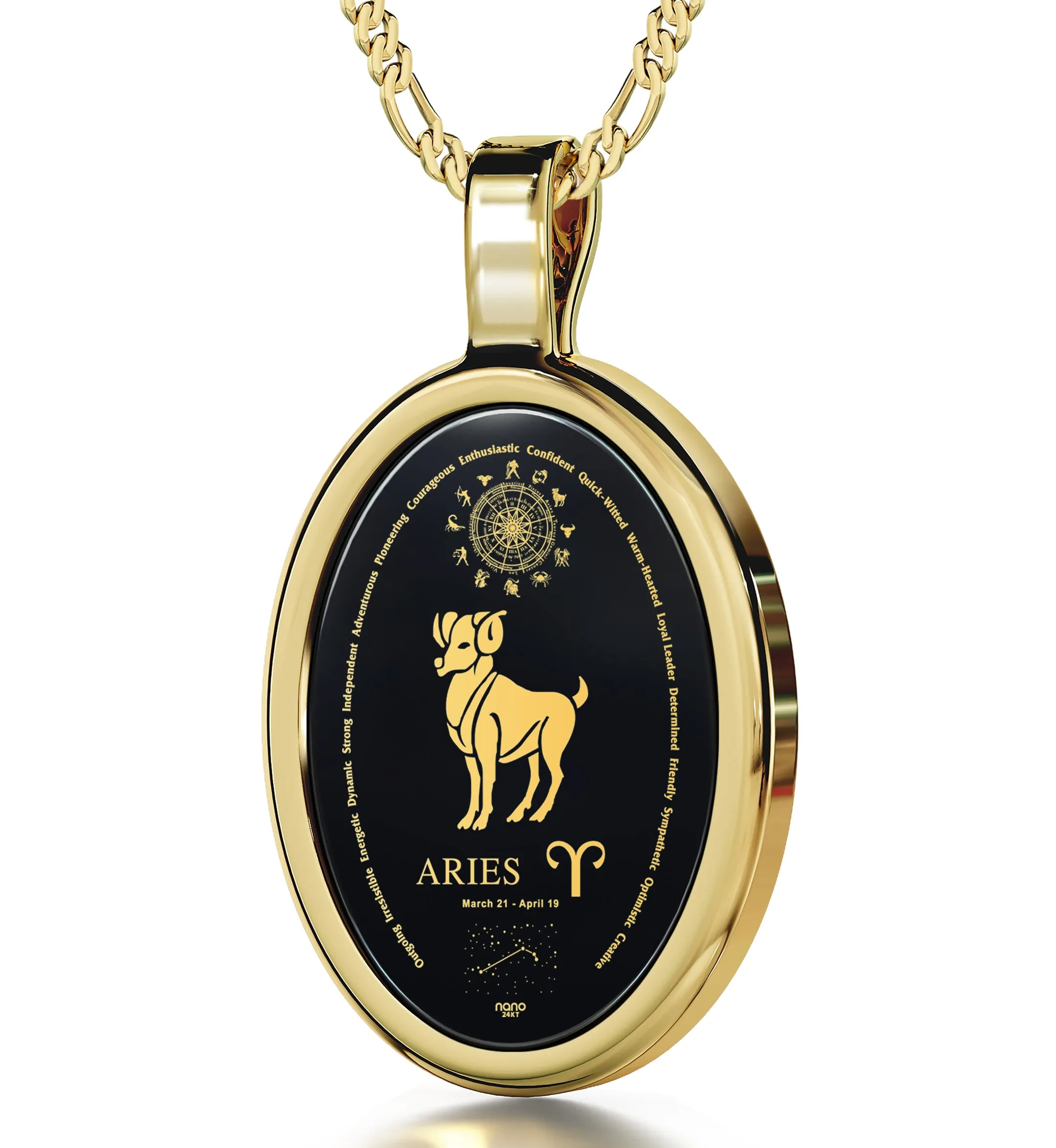 Aries Necklace Zodiac Pendant 24k Gold Inscribed on Onyx Stone