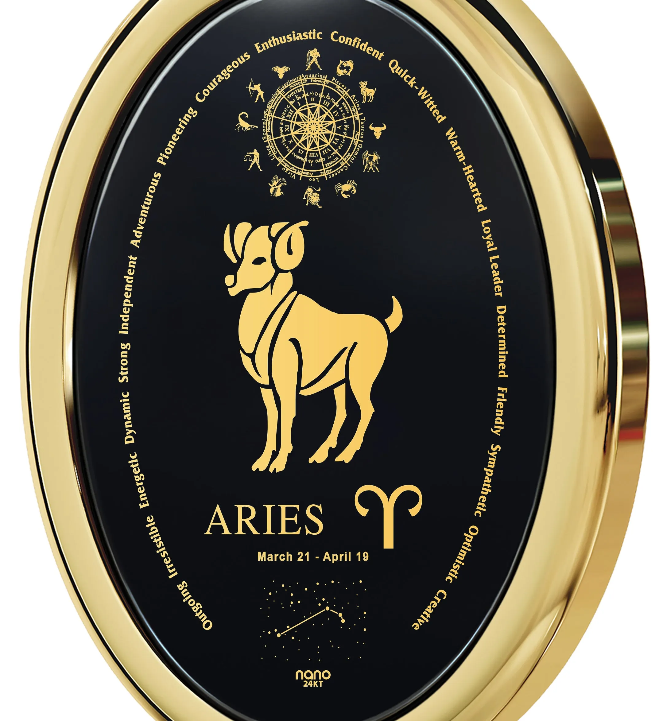 Aries Necklace Zodiac Pendant 24k Gold Inscribed on Onyx Stone