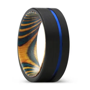 AVIAN | Green and Yellow Wood, Black Tungsten Ring, Blue Offset Groove, Flat