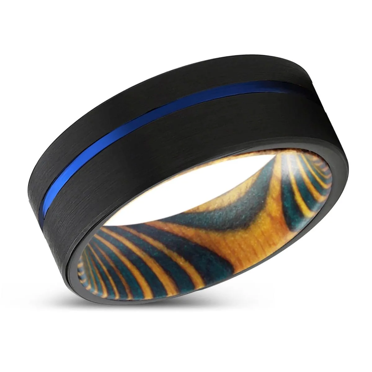 AVIAN | Green and Yellow Wood, Black Tungsten Ring, Blue Offset Groove, Flat