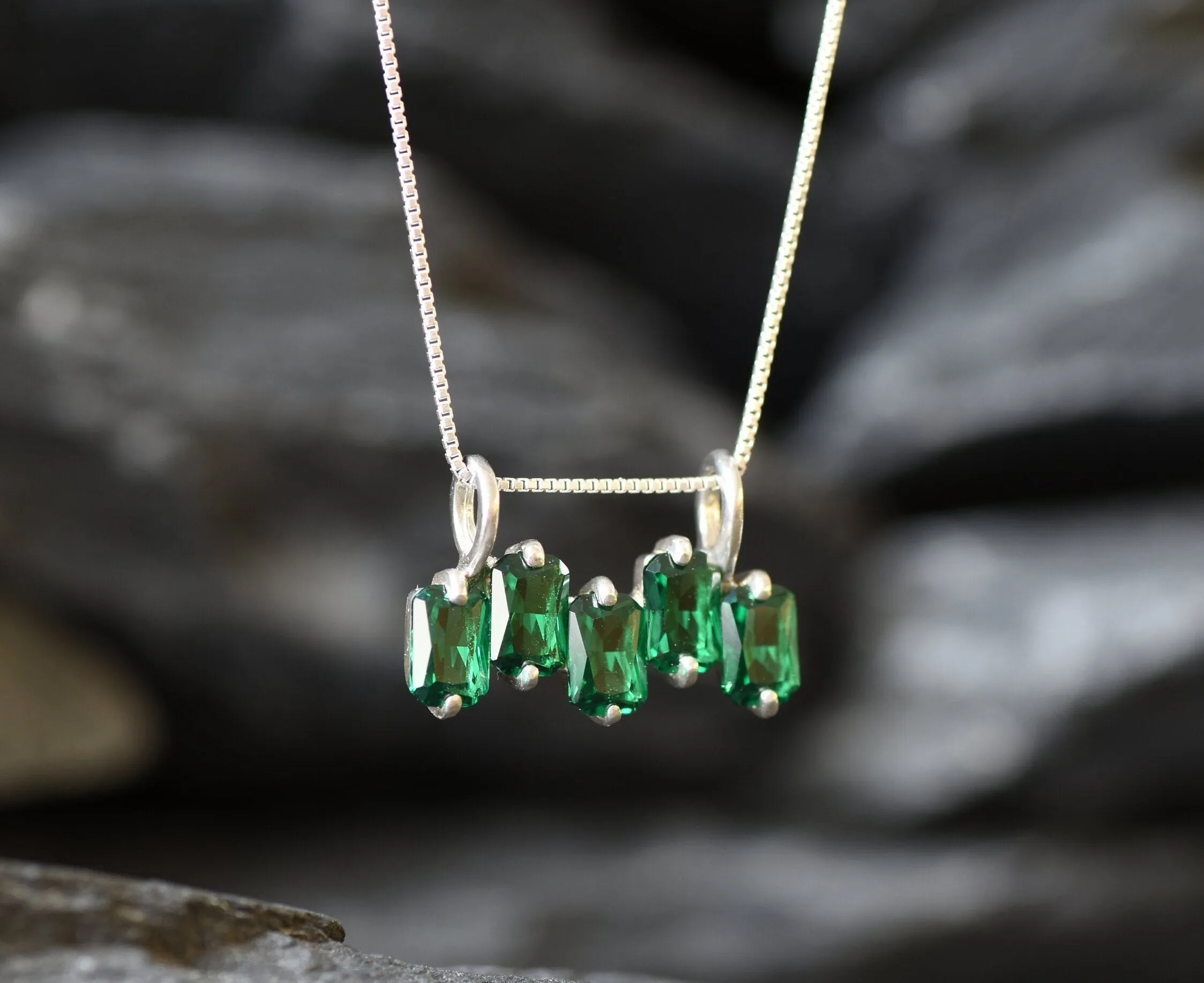 Baguette Emerald Pendant - Green Square Necklace - Five Stone Necklace