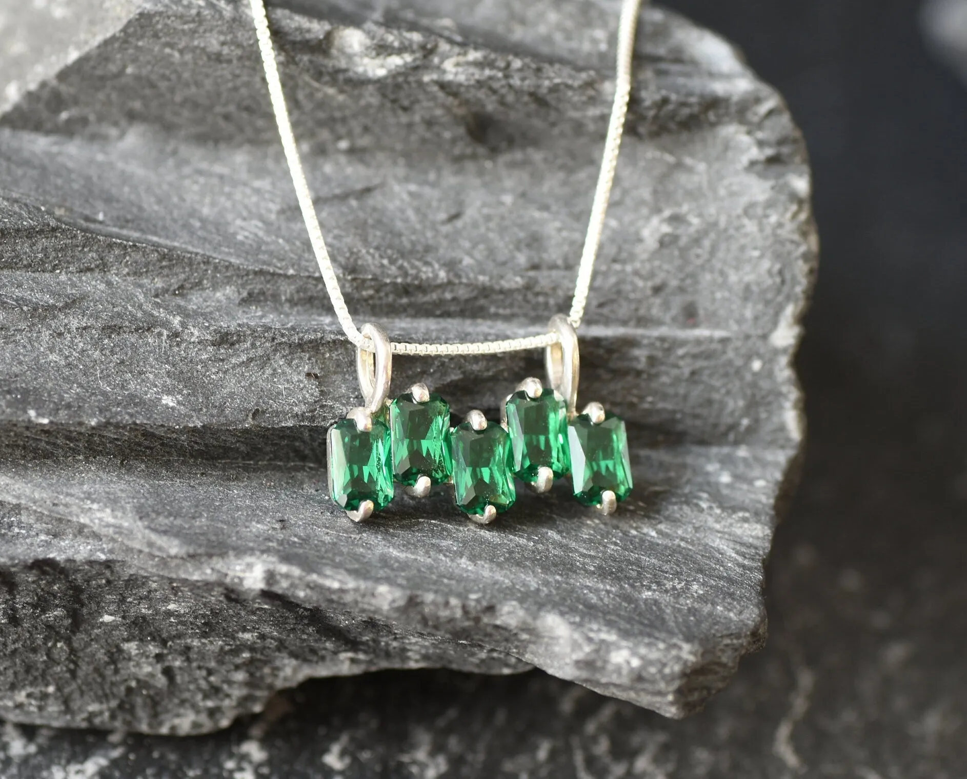 Baguette Emerald Pendant - Green Square Necklace - Five Stone Necklace
