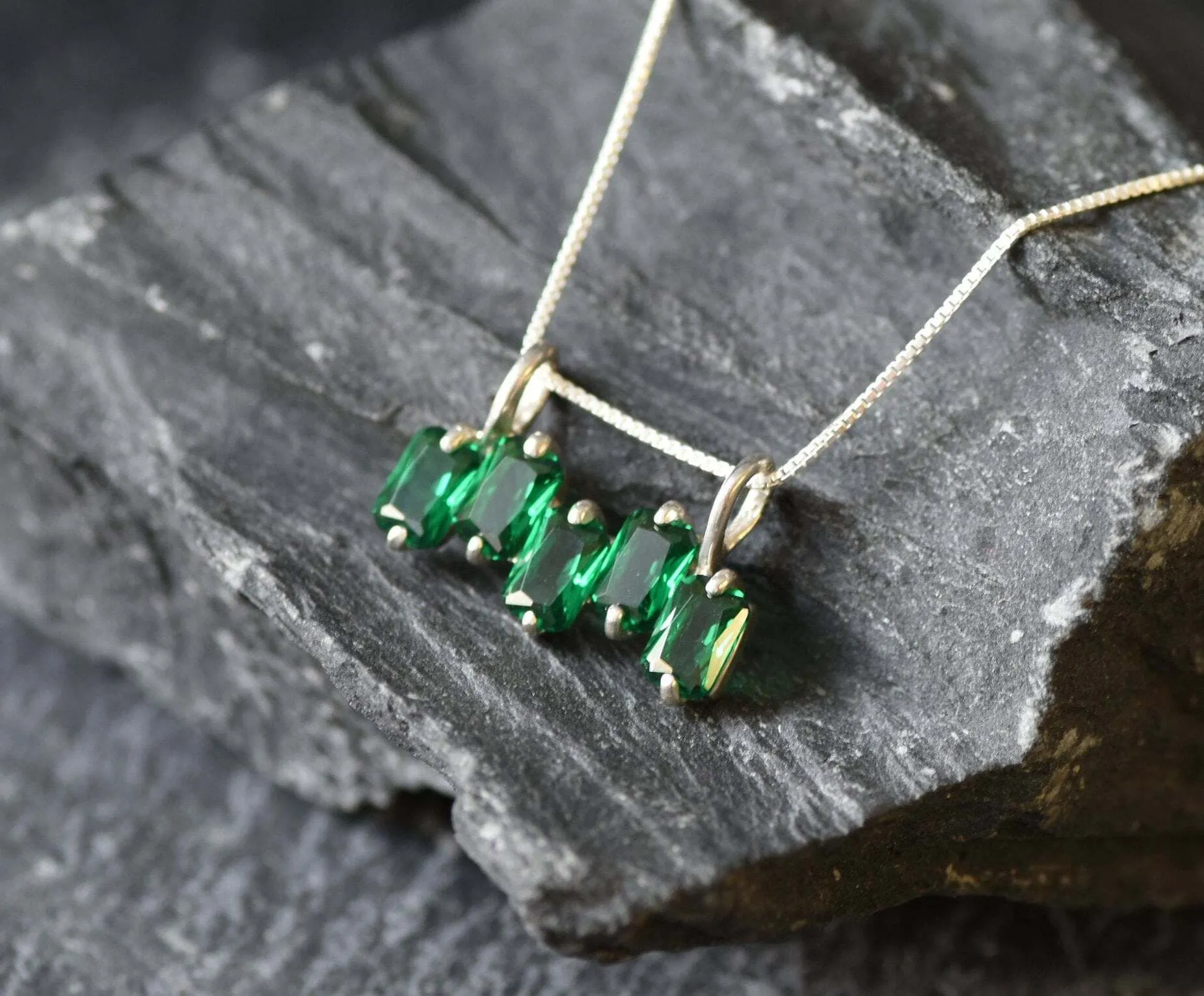 Baguette Emerald Pendant - Green Square Necklace - Five Stone Necklace