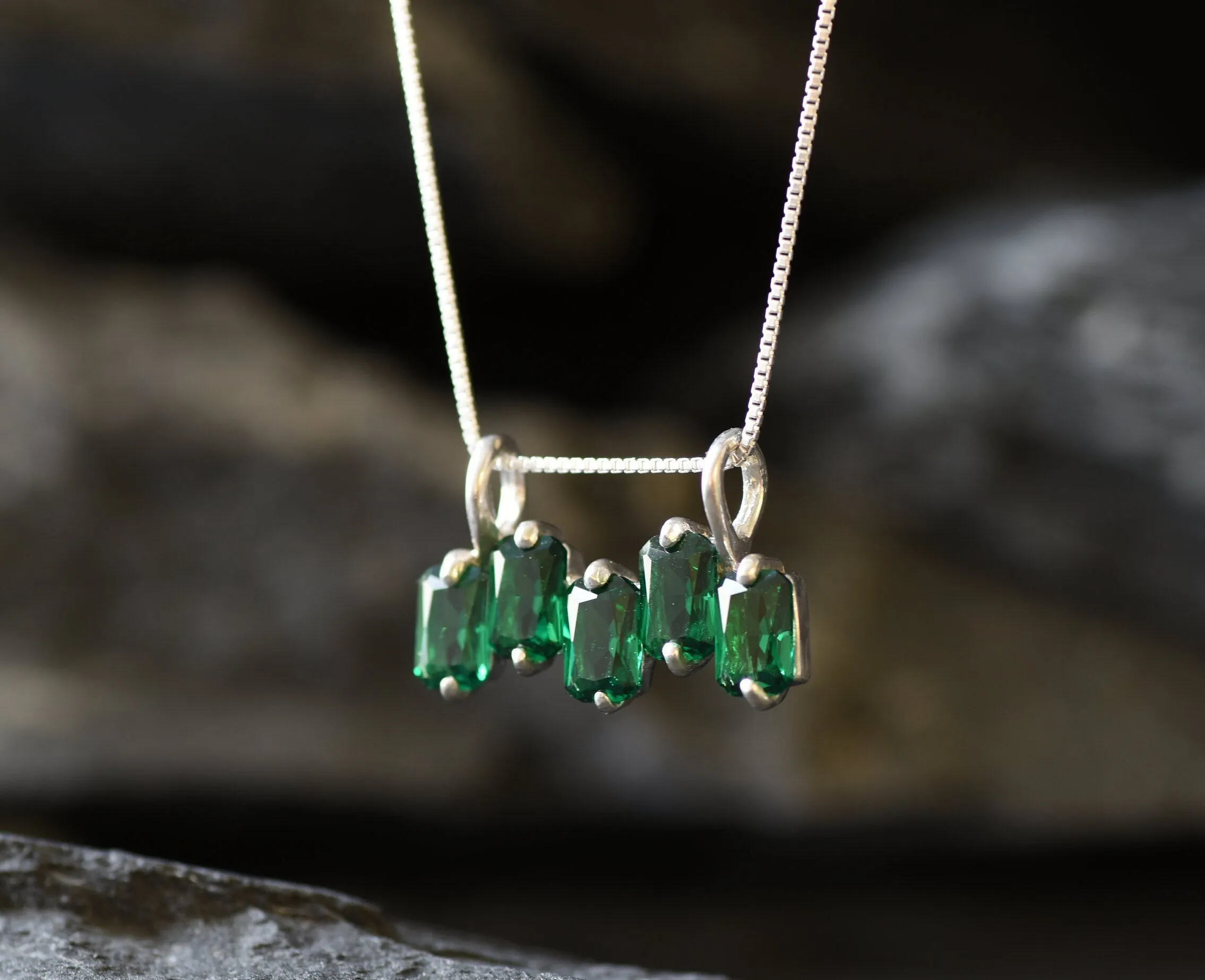 Baguette Emerald Pendant - Green Square Necklace - Five Stone Necklace