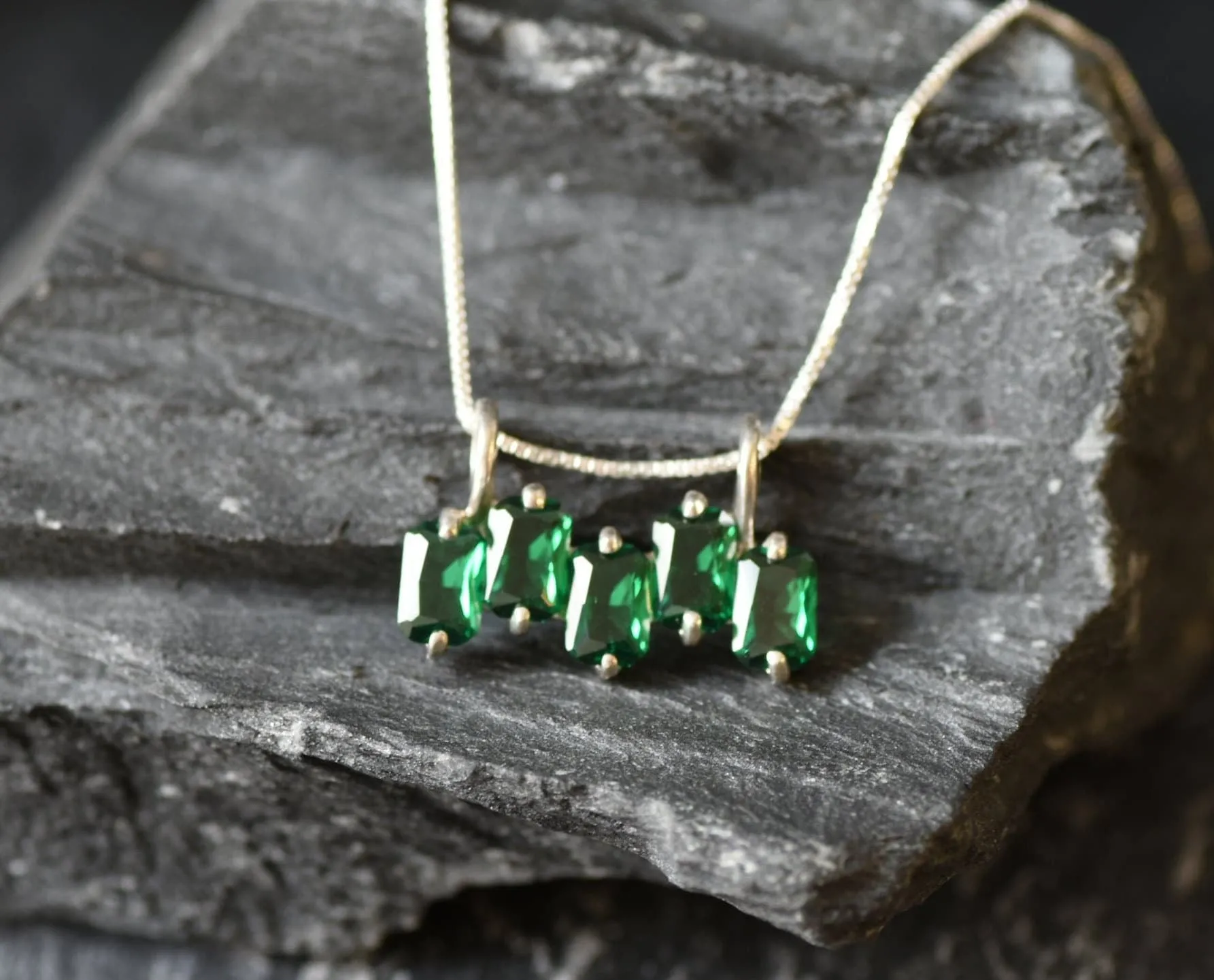Baguette Emerald Pendant - Green Square Necklace - Five Stone Necklace