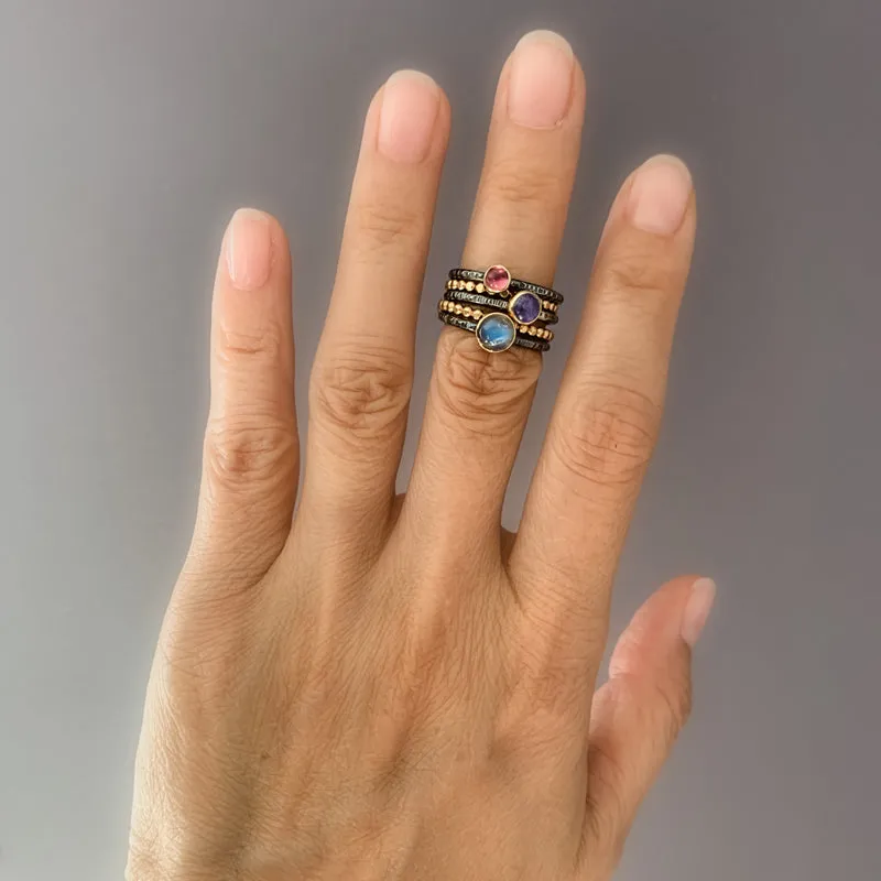 Bi-Metal 14k Gold Silver and Rainbow Moonstone Stacking Rings