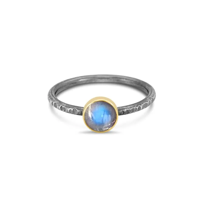 Bi-Metal 14k Gold Silver and Rainbow Moonstone Stacking Rings
