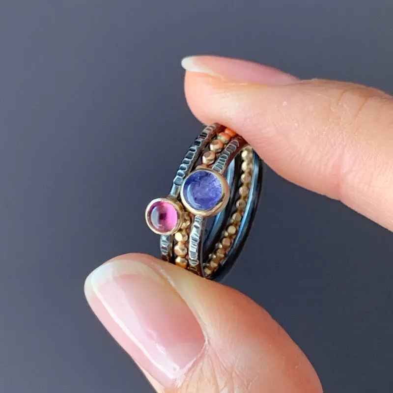 Bi-Metal 14k Gold Silver and Rainbow Moonstone Stacking Rings