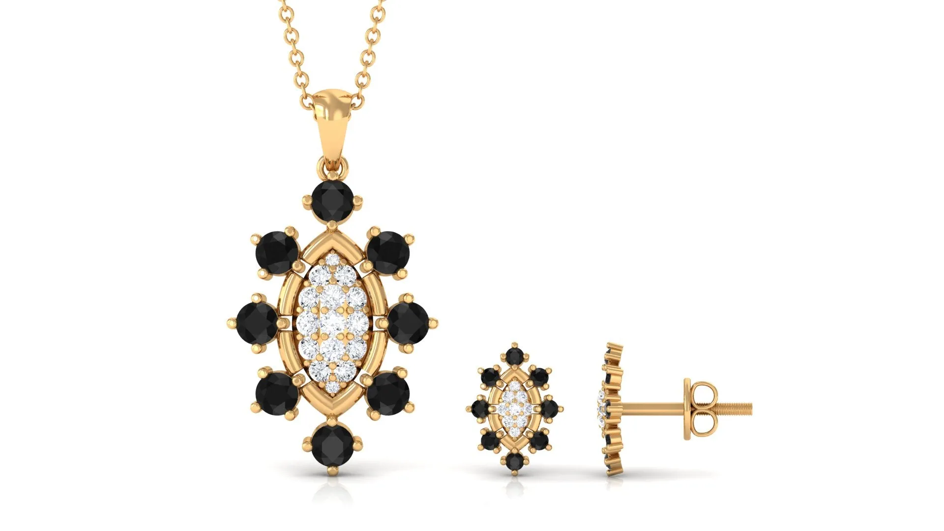 Black Onyx and Diamond Statement Pendant and Earrings Set