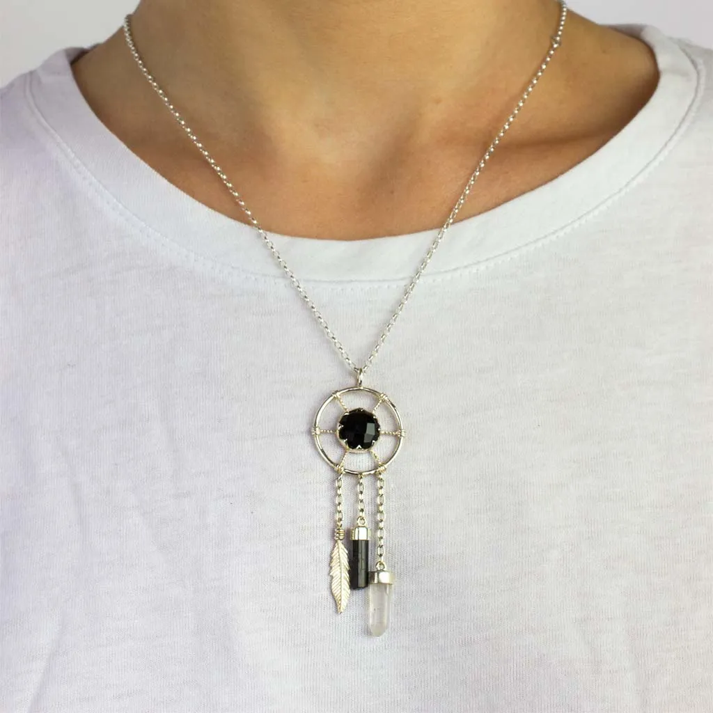 Black Onyx, Black Tourmaline & Clear Quartz Dreamcatcher Necklace