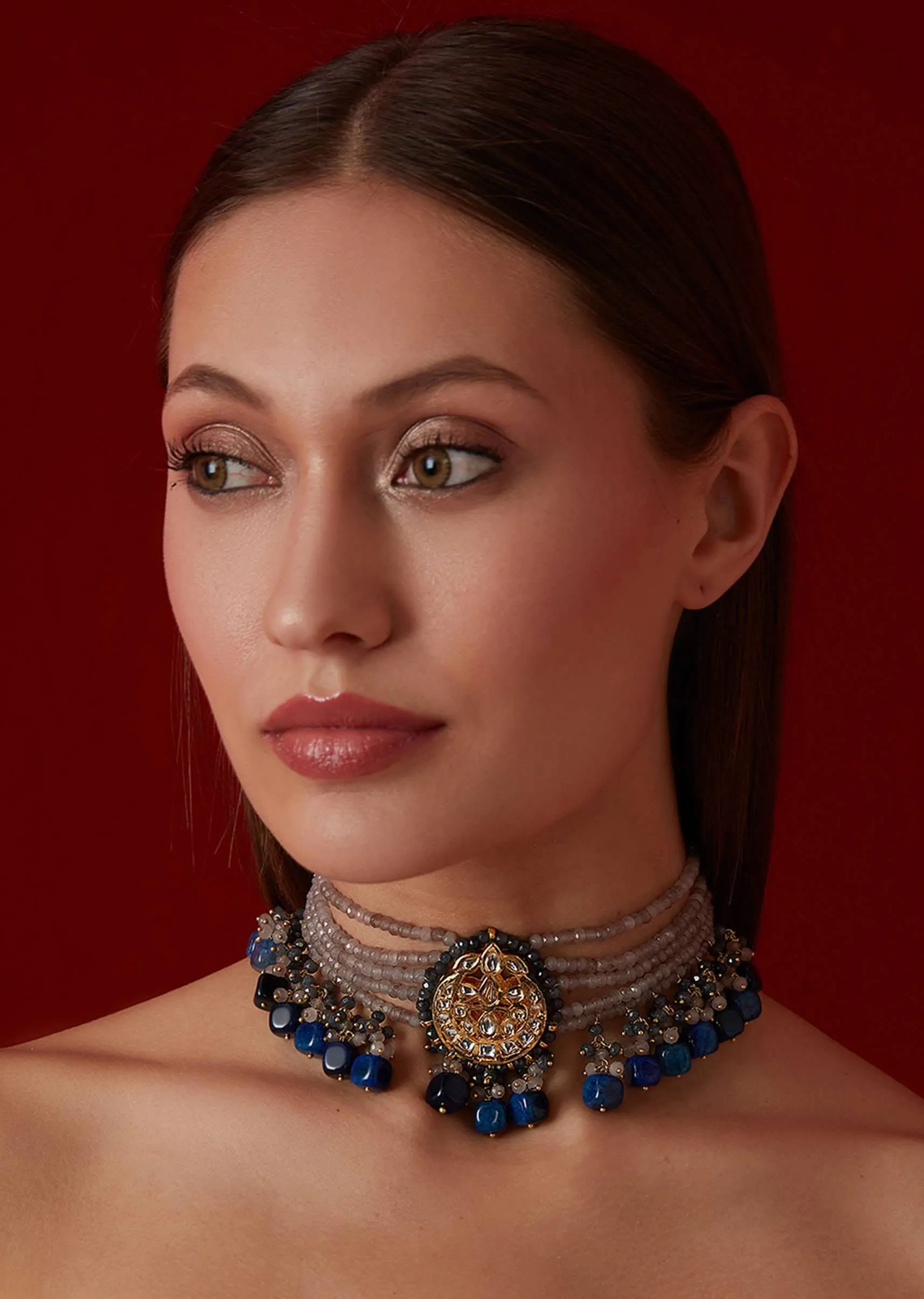 Blue Onyx Kundan Choker In Gold Plated Silver Alloy