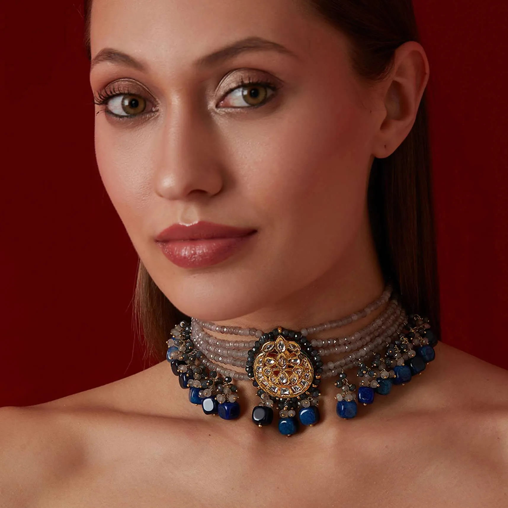 Blue Onyx Kundan Choker In Gold Plated Silver Alloy