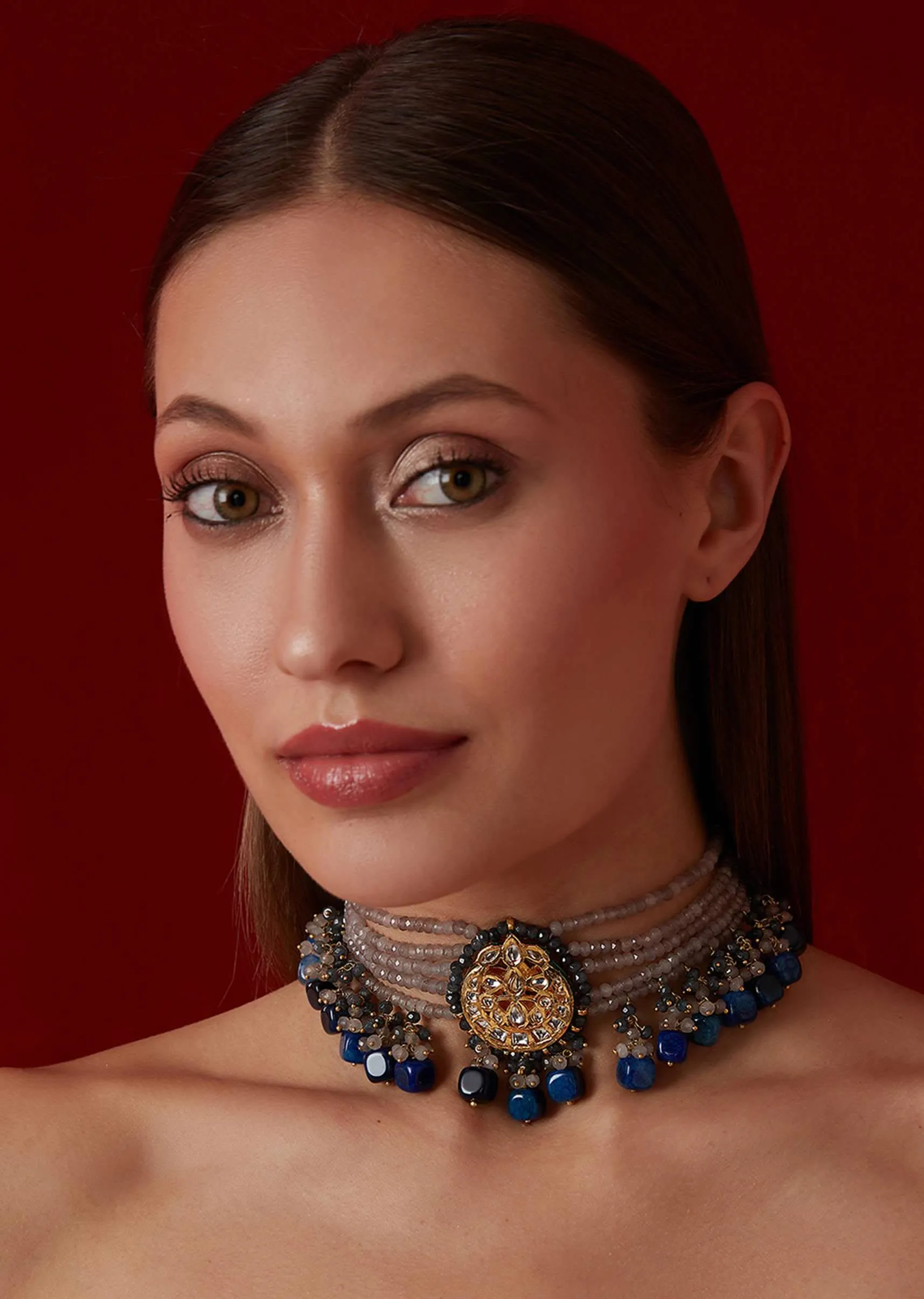 Blue Onyx Kundan Choker In Gold Plated Silver Alloy