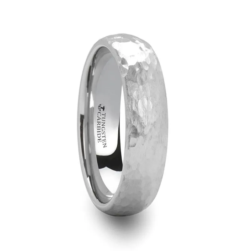 CHANDLER | White Tungsten Ring, Hammered Finish, Domed