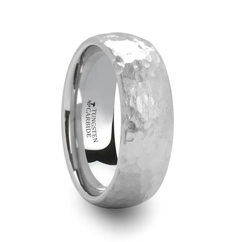 CHANDLER | White Tungsten Ring, Hammered Finish, Domed