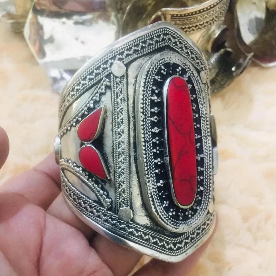 Coral Stone Ethnic Tribal Cuff Bracelet