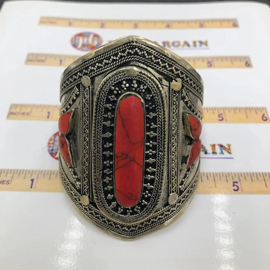Coral Stone Ethnic Tribal Cuff Bracelet