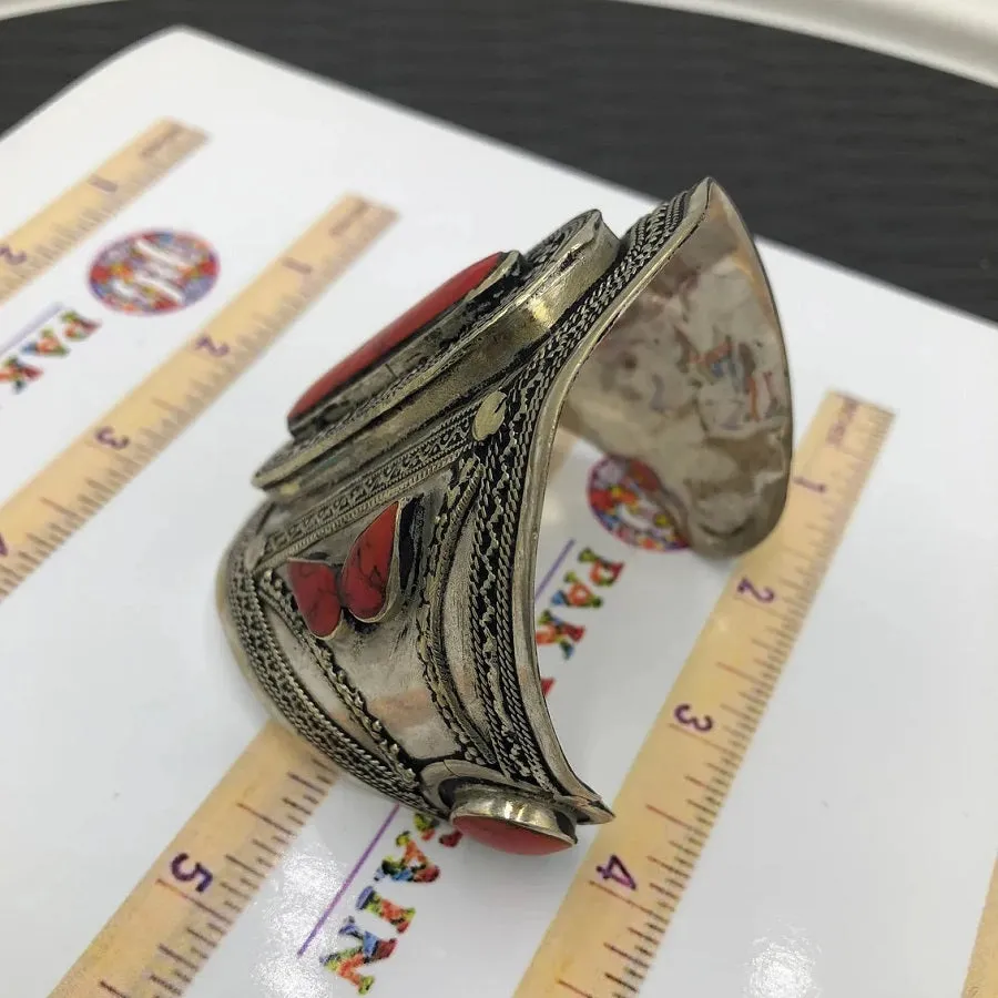 Coral Stone Ethnic Tribal Cuff Bracelet