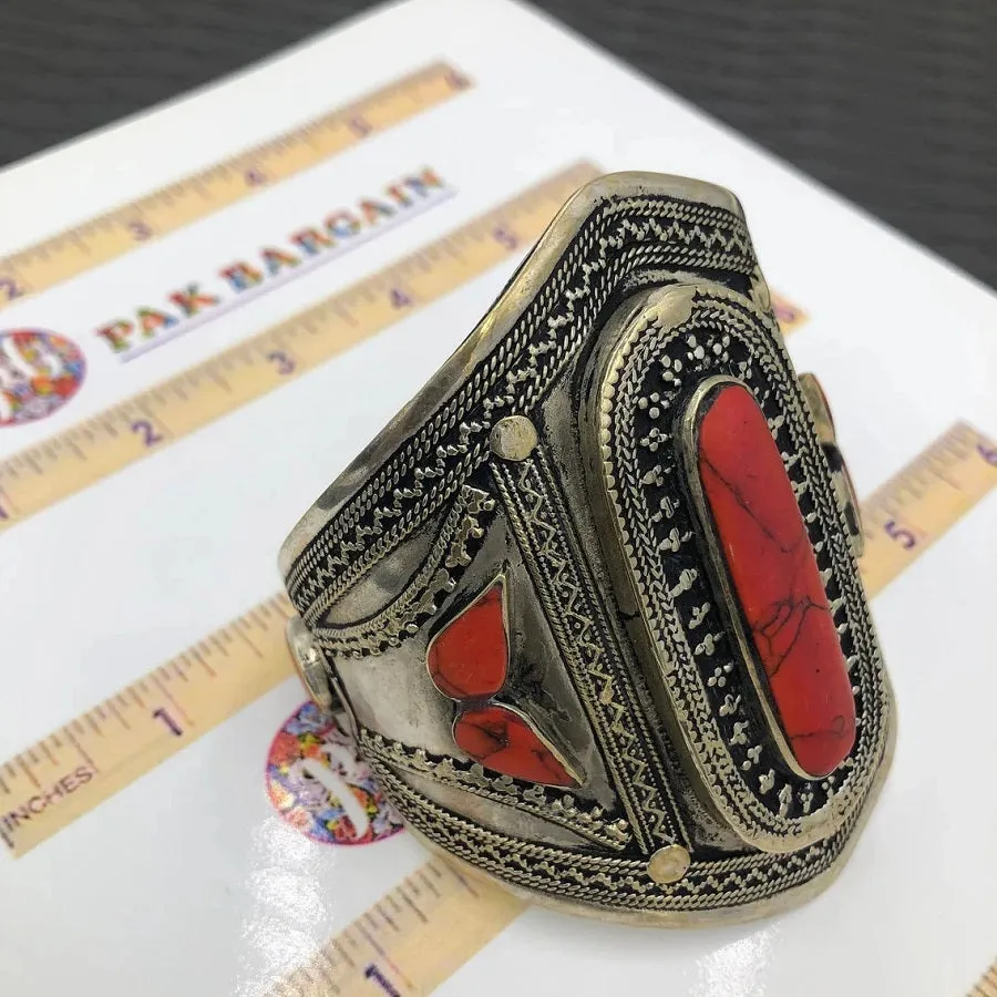 Coral Stone Ethnic Tribal Cuff Bracelet